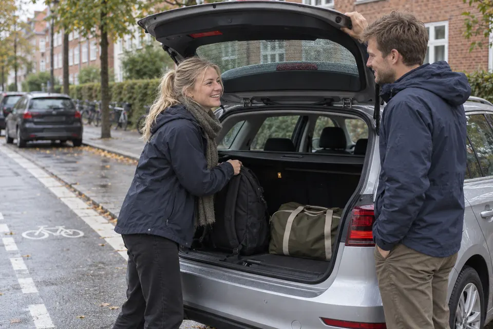 Two people loading bags into a car boot before a trip