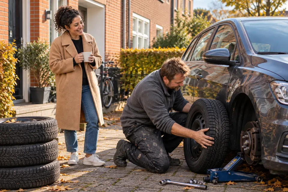 A man changing a tyre in a driveway while the car owner watches
